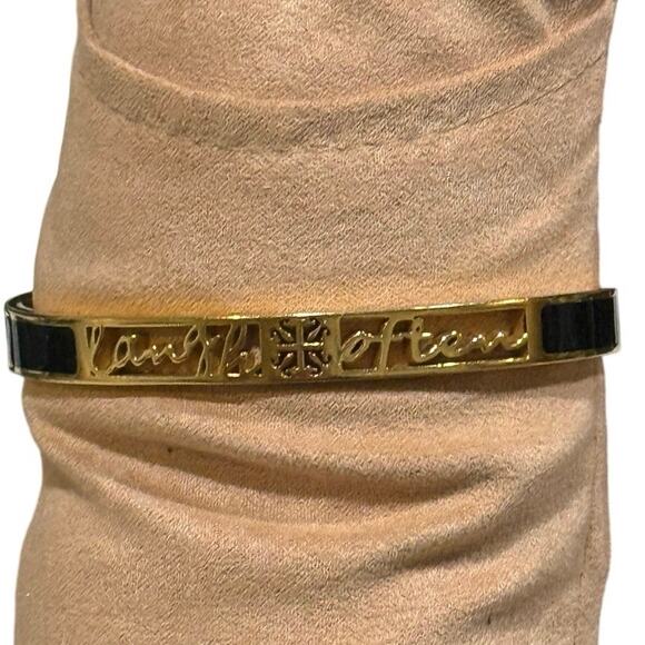 Rustic Cuff Gold & Black Enamel Inspirational Laugh Often Cuff Signed Bracelet - Picture 10 of 16